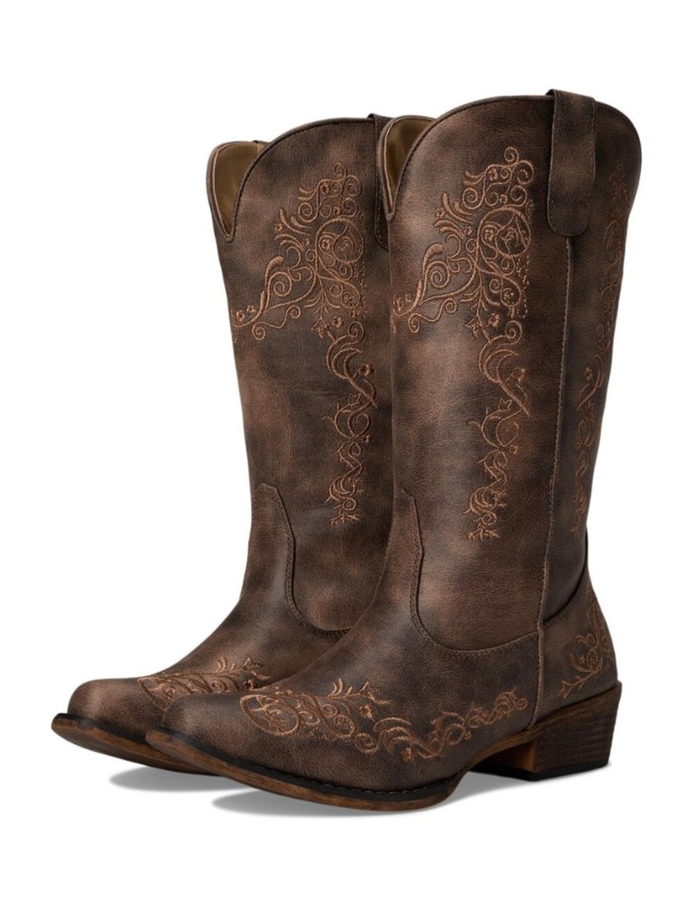 Womens Riley Scroll Embroidered Snip Toe Casual Boots Mid Calf Low Heel 1-2"